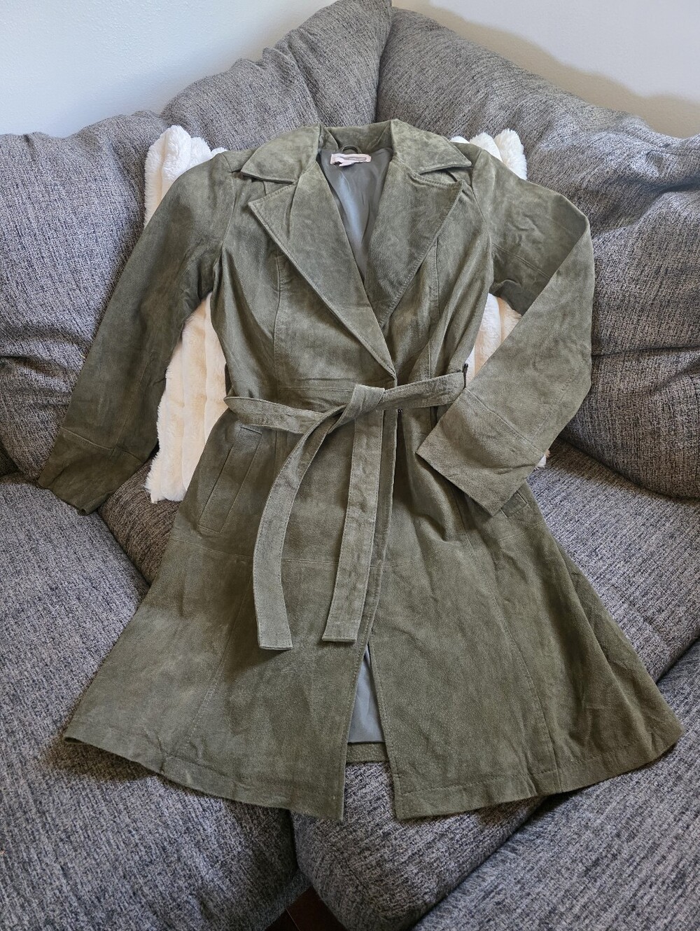 New! Forever 21 Olive Green Suede Trench Coat with Belt
